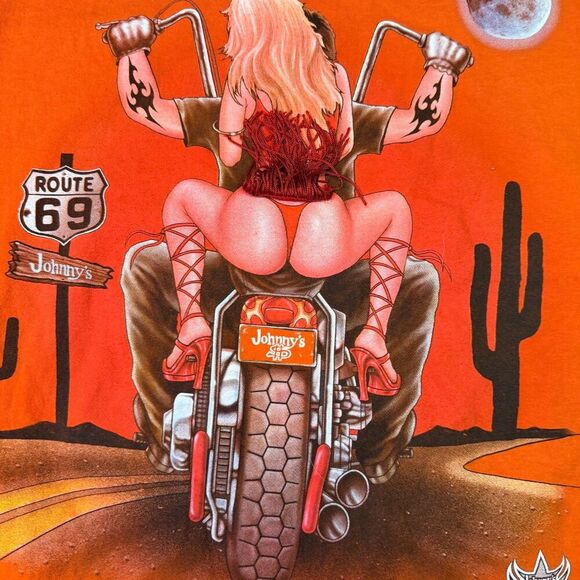 Vtg Johnny’s Route 69 Biker Pinup T-Shirt Orange Sz XL Motorcycle Chopper Moon - Picture 12 of 16